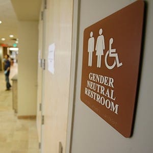 A sign marks the entrance to a gender neutral restroom  at the University of Vermont in Burlington, Vt., Thursday, Aug. 23, 2007. (Toby Talbot/AP/CP)