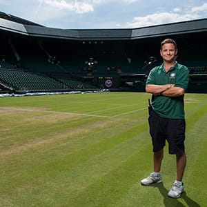 Deputy Head Groundsman Grant Cantin on centre court. The Championships Wimbledon 2014. The All England Lawn Tennis &amp; Croquet Club Wimbledon. ( Jon Buckle/AELTC)