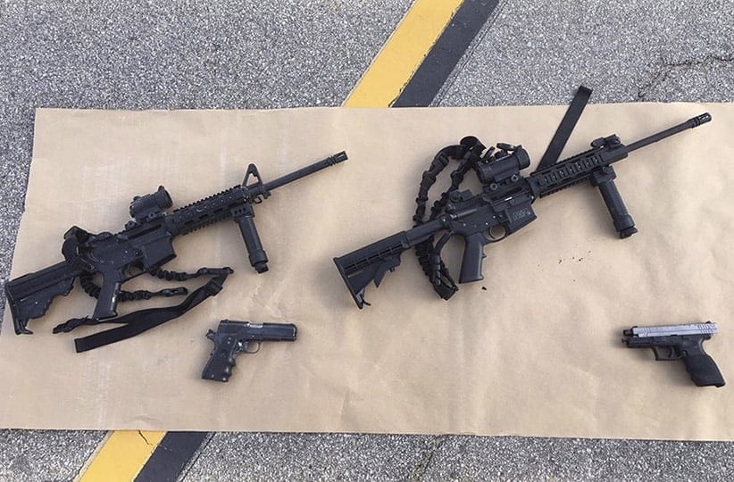 Weapons confiscated from last Wednesday's attack in San Bernardino, California are shown in this San Bernardino County Sheriff Department handout photo from their Twitter account released to Reuters December 3, 2015.  (San Bernardino County Sheriffs Department/REUTERS)