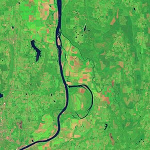 Letter B. The Operational Land Imager (OLI) on Landsat 8 acquired this image of the Arkansas River and the Holla Bend Wildlife Refuge. In the winter, it is common for the refuge to host 100,000 ducks and geese at once. (NASA)