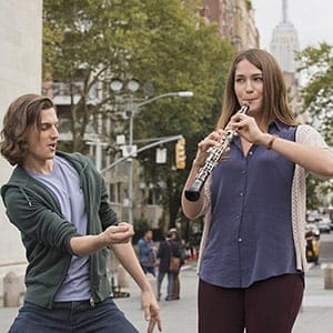 Mozart in the Jungle. l-r: Peter Vack, Lola Kirke in 'Fifth Chair' (Season 1, Episode 2, aired December 23, 2014). (Amazon/Everett Collection)