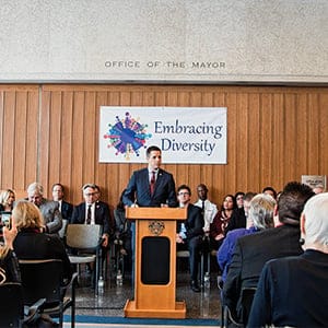 Mayor Brian Bowman marks the one-year anniversary of Winnipeg's designation as Canada's most racist city. Bowman announced that 2016 would be a year of reconciliation for the city. (Photograph by Sam Karney)