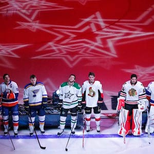 Team Toews lines up for introductions before the NHL All-Star hockey skills competition against Team Foligno in Columbus, Ohio, Saturday, Jan. 24, 2015. Team Foligno won the overall competition. (AP Photo/Gene J. Puskar)