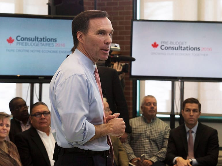 Minister of Finance Bill Morneau participates in a town hall meeting ahead of pre-budget consultations in Ottawa, Monday February 22, 2016. (Adrian Wyld/CP)