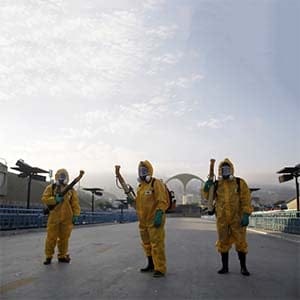 Municipal workers sprayed insecticide around Sambadrome, where the city's Carnival takes place every year, and where the archery competitions will take place during the Rio Olympics. The operation is part of the city's effort to prevent the spread of Zika's vector, the Aedes aegypti mosquito, according to a statement from Municipal Health Secretary. (Pilar Olivares/Reuters)