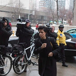 Marie Henein, the lawyer representing former CBC radio host Jian Ghomeshi, arrives at a Toronto court for day six of his trial on Tuesday, Feb. 9, 2016. (Chris Young/CP)
