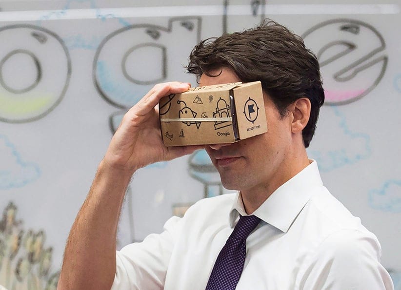 Prime Minister Justin Trudeau takes part in a virtual reality demonstration at the new Google Canada Development headquarters in Kitchener, Ont., on Thursday, January 14, 2016. (Nathan Denette/The Canadian Press)