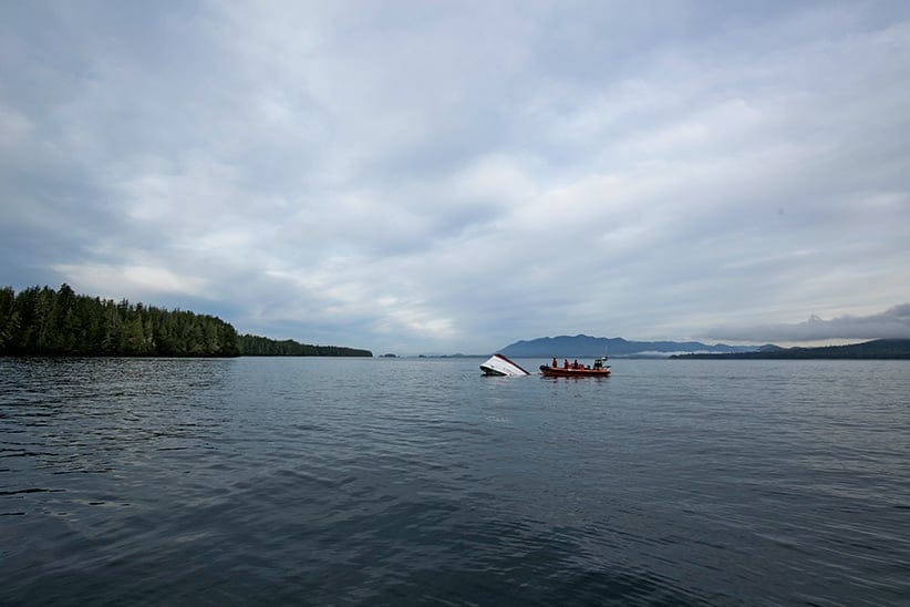 The capsized whale watching boat Leviathan II, off the coast of Tofino,  B.C., on October 27, 2015. (Photograph by Adam Chilton)