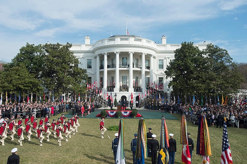 US President Barack Obama (C-L) and Prime Minister of Canada Justin Trudeau (C-R)  watch the Fife and Drum Corps perform at an arrival ceremony on the South Lawn of the White House, in Washington, DC, USA, 10 March 2016. This is the first official visit of Prime Minister of Canada Justin Trudeau to the White House. (Michael Reynolds/EPA/CP)