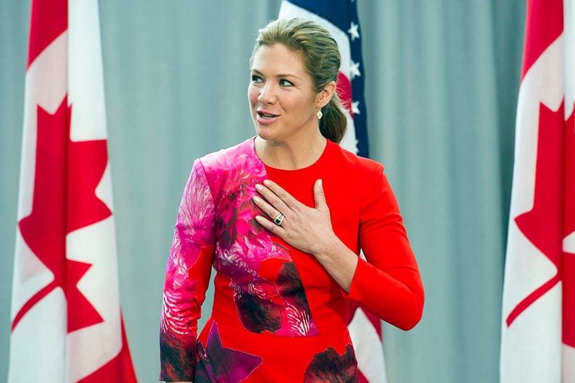 Sophie Grégoire-Trudeau, wife of Canadian Prime Minister Justin Trudeau, places her hand over her heart while participating in a program at the U.S. Institute of Peace in Washington, Thursday, March 10, 2016, to highlight Let Girls Learn efforts and raise awareness for global girl's education. (Cliff Owen/AP)
