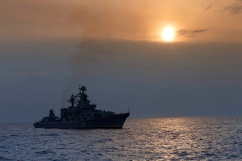 This photo taken on Thursday, Dec. 17, 2015 and provided by the Russian Defense Ministry Press Service, shows the Russian missile cruiser Moskva on patrol in the Mediterranean Sea near the Syrian coast. The Russian military has deployed the Moskva closer to the shore to help protect Russian warplanes with its air defense missiles following the downing of a Russian bomber by Turkey at the border with Syria. (Vadim Savitsky/Russian Defense Ministry Press Service via AP)