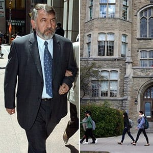 R: Dr. Stanley Dobrowolski leaves a disciplinary hearing, for a lunch break, by the Ontario College of Physicians and Surgeons. This is the fourth time he's appeared before the panel regarding allegations of sexual abuse of patients. (Rick Madonik/Toronto Star/Getty Images); L: Students walk by the University College building on the Western University campus in London, Ontario. (Photograph by Jessica Darmanin)