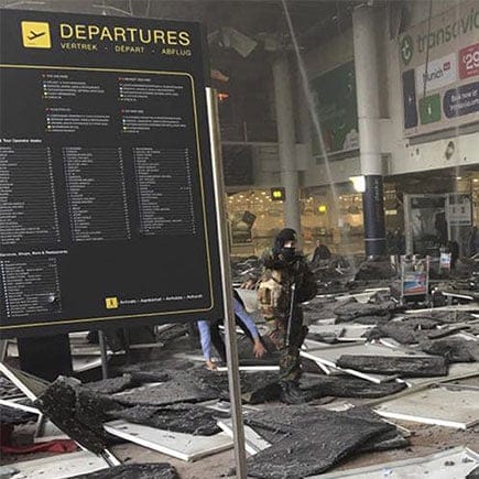 A soldier is seen at Zaventem airport after a blast occurred, in Belgium March 22, 2016.    (Jef Versele/Handout via Reuters)