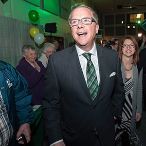 Brad Wall and his wife Tami arrive at the Saskatchewan Party victory celebration at Palliser Pavilion in Swift Current, Saskatchewan, on Monday, April 4, 2016. (Michael Bell/CP)