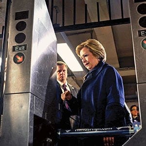Presidential candidate Hillary Clinton (D-NY) enters the 161st Street subway station in the Bronx, NY, on April 07, 2016, after campaigning with Bronx borough President Ruben Diaz Jr. near Yankee Stadium. (Yana Paskova/The Washington Post/Getty Images)
