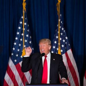 Republican presidential candidate Donald Trump gives a foreign policy speech at the Mayflower Hotel in Washington, Wednesday, April 27, 2016. Trump's highly anticipated foreign policy speech Wednesday will test whether the Republican presidential front-runner, known for his raucous rallies and eyebrow-raising statements, can present a more presidential persona as he works to unite the GOP establishment behind him. (AP Photo/Evan Vucci)