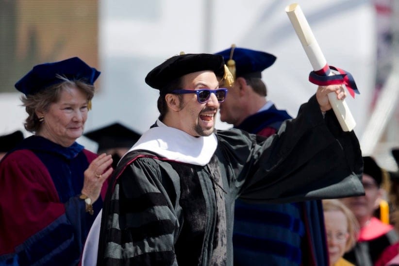 Lin-Manuel Miranda, creator of the Broadway musical "Hamilton," gestures after receiving an an honorary degree during the University of Pennsylvania commencement ceremony, Monday, May 16, 2016, in Philadelphia. (AP Photo/Matt Rourke)