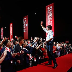 Prime Minister Justin Trudeau greets delegates at the 2016 Liberal Biennial Convention Winnipeg Saturday, May 28, 2016.  Macleans/John Woods