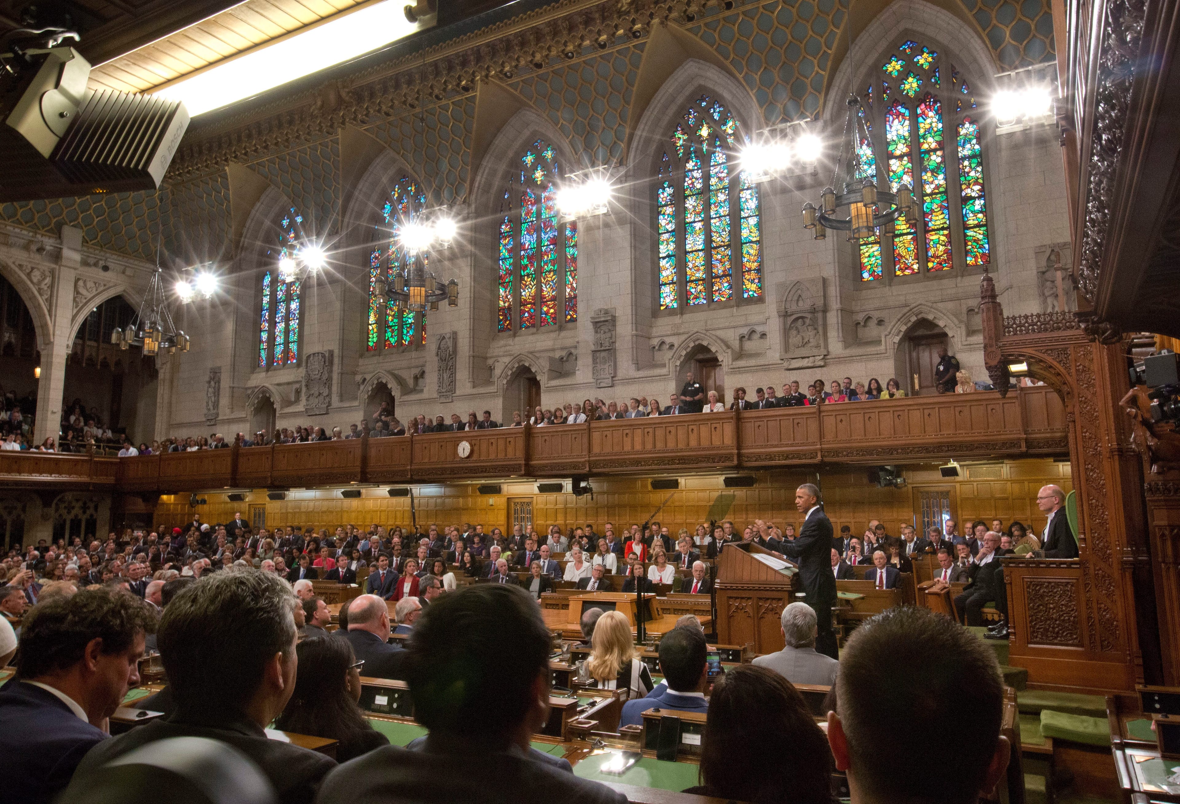 President Barack Obama addresses the Canadian Parliament in the House of Commons in Ottawa, Canada, Wednesday, June 29, 2016. (AP Photo/Pablo Martinez Monsivais)