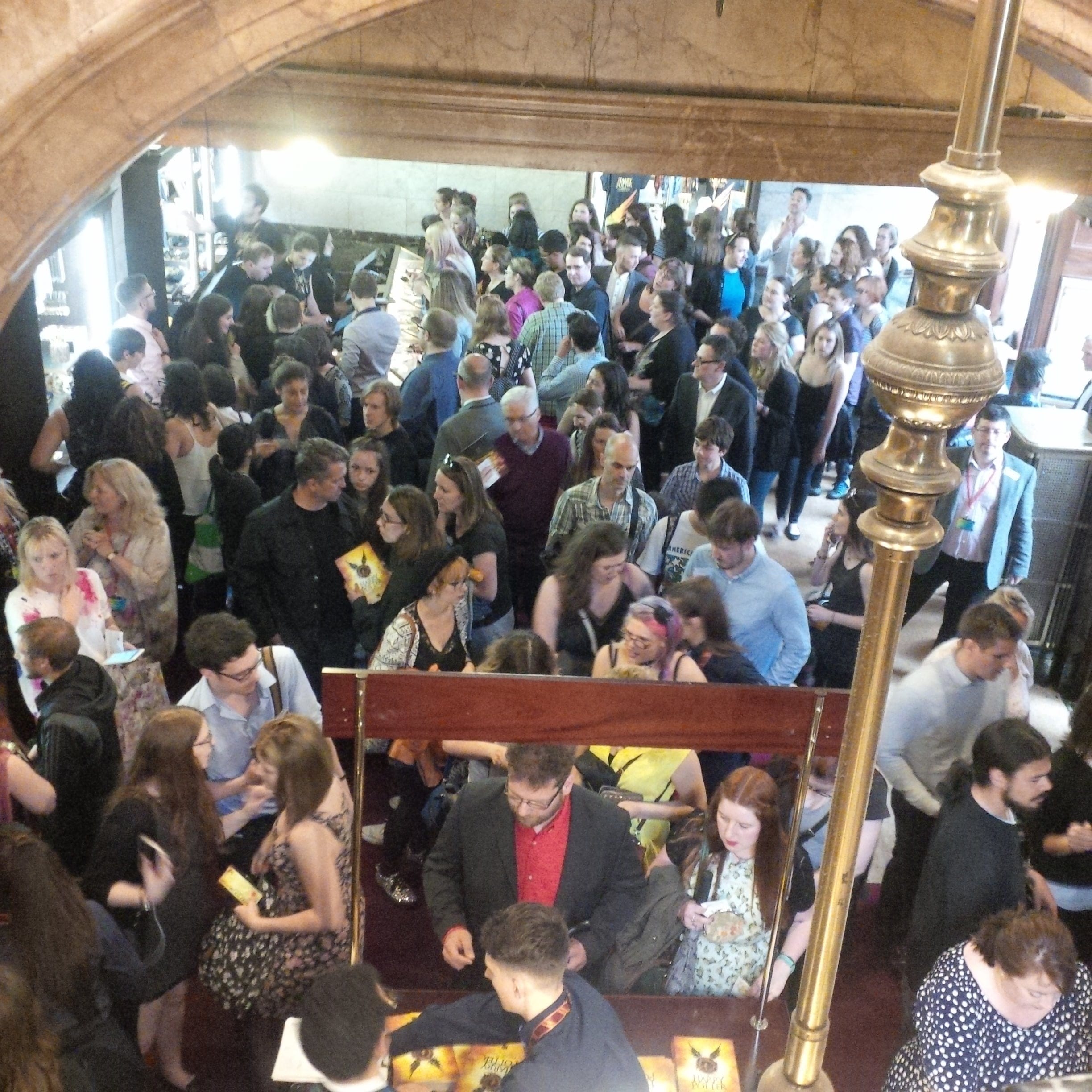 The Palace Theatre lobby was packed moments after the doors opened for the first preview performance of Harry Potter and the Cursed Child (Photo by Patricia Treble)