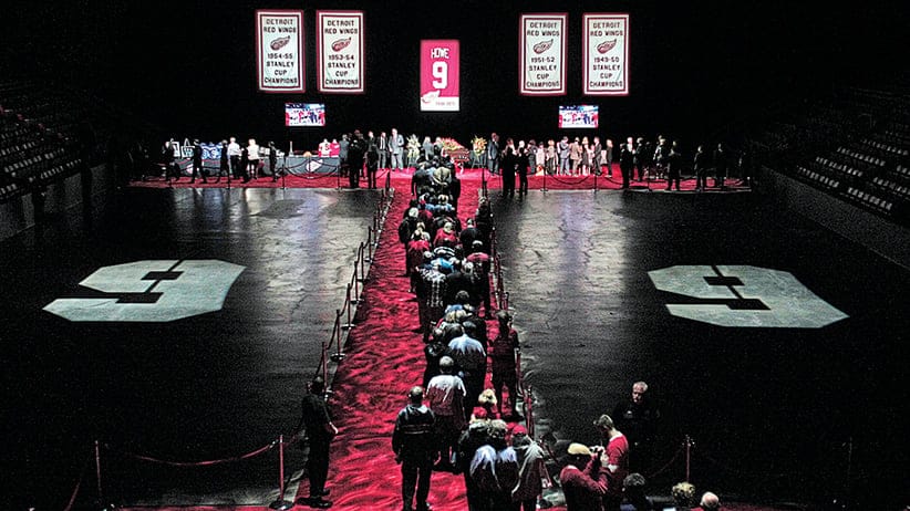 DETROIT, MI - JUNE 14: Mourners and NHL fans pay their respects to legendary hockey Hall of Famer Gordie Howe at his visitation at Joe Louis Arena June 14, 2016 in Detroit Michigan. Howe was known as "Mr. Hockey", played for the Detroit Red Wings for 25 years, and scored 801 goals in his career. His funeral service will be held June 15 at the Cathedral of the Most Blessed Sacrament in Detroit. (Photo by Bill Pugliano/Getty Images)