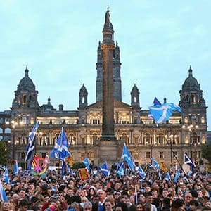 Supporters of Scottish independence gather for a rally in George Square, Glasgow, Scotland September 17, 2014 in advance of the referendum on Scotland separating from the United Kingdom. (Paul Hackett/Reuters)