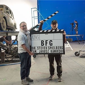 THE BFG, from left: cinematographer Janusz Kaminski, director Steven Spielberg, on set, 2016. Doane Gregory /Walt Disney Co./Everett Collection