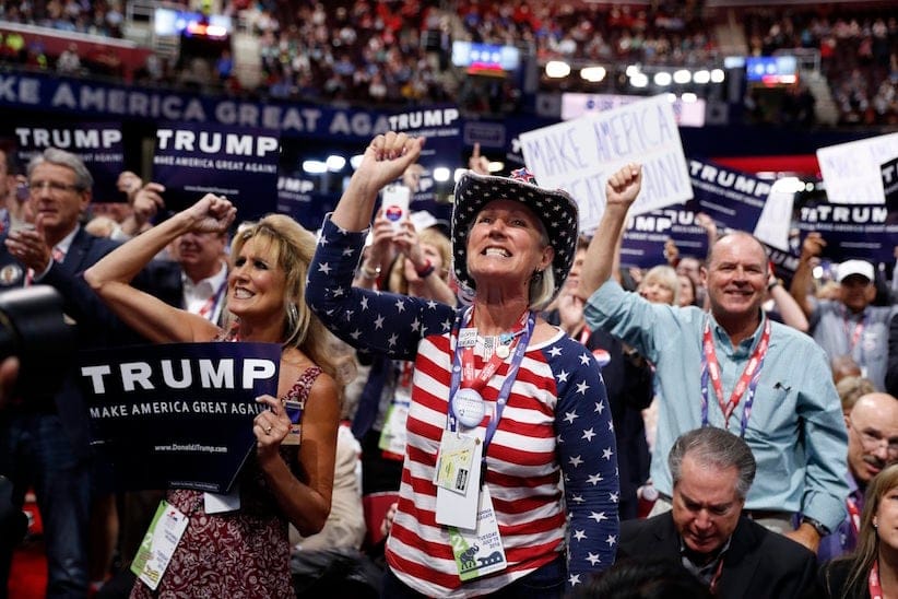 California delegates react during the second day session of the Republican National Convention in Cleveland, Tuesday, July 19, 2016. (AP Photo/Carolyn Kaster)