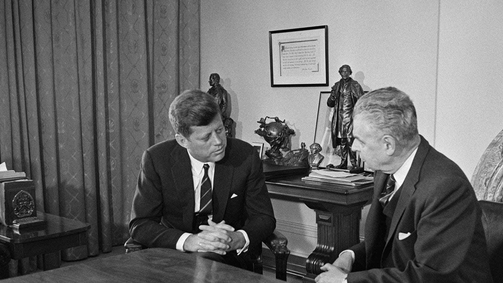 President John Kennedy confers with Prime Minister John Diefenbaker. The two men will talk over matters between the two countries. (Bettmann/Getty Images)