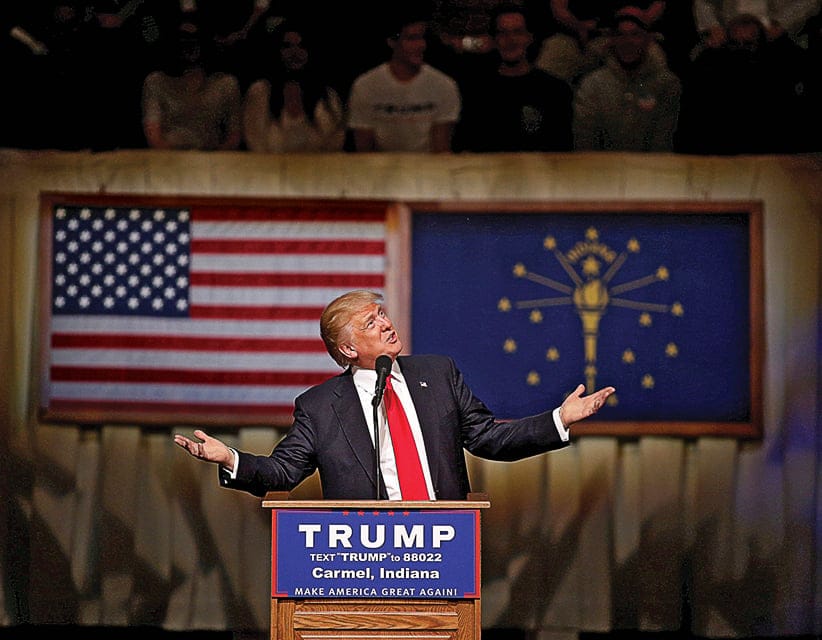 U.S. Republican presidential candidate Donald Trump speaks at a campaign event at The Palladium at the Center for Performing Arts in Carmel, Indiana, U.S. May 2, 2016.  (Aaron Bernstein/Reuters)