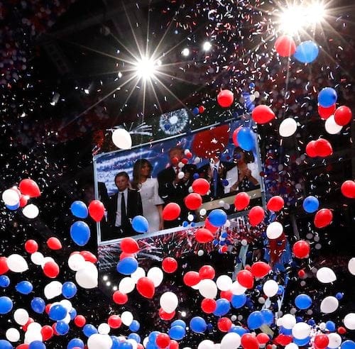 Confetti and balloons fall during celebrations after Donald Trump's acceptance speech on the final day of the Republican National Convention in Cleveland, Thursday, July 21, 2016. (AP Photo/Paul Sancya)
