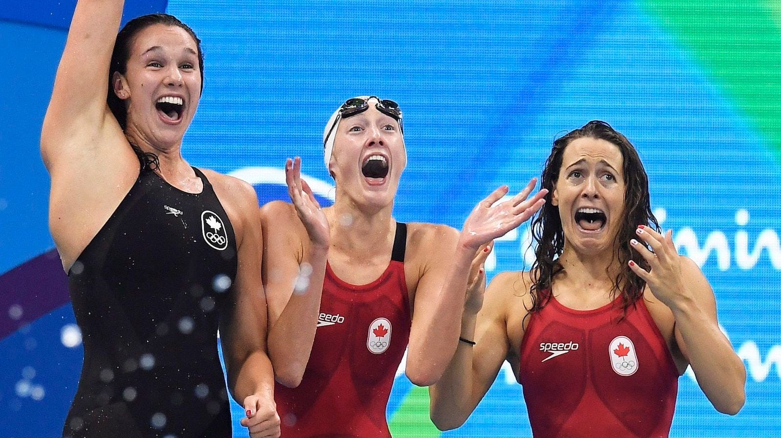 The Canadian women's 4x100-metre freestyle relay team celebrates their bronze medal finish at the 2016 Summer Olympics, in Rio de Janeiro, Brazil, Saturday, Aug. 6, 2016. THE CANADIAN PRESS/Frank Gunn