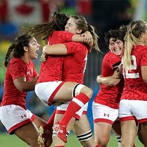 Canada's players celebrates after winning the women's rugby sevens bronze medal match against Great Britain at the Summer Olympics in Rio de Janeiro, Brazil, Monday, Aug. 8, 2016. (Themba Hadebe/AP)
