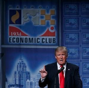 Republican presidential candidate Donald Trump delivers an economic policy speech to the Detroit Economic Club, Monday, Aug. 8, 2016, in Detroit. (AP Photo/Evan Vucci)