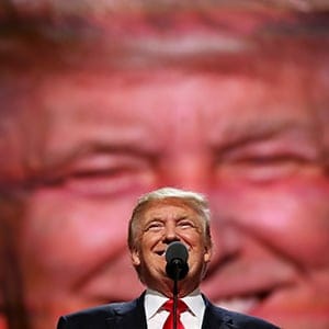 Republican presidential candidate Donald Trump delivers a speech during the evening session on the fourth day of the Republican National Convention on July 21, 2016 at the Quicken Loans Arena in Cleveland, Ohio. Republican presidential candidate Donald Trump received the number of votes needed to secure the party's nomination. An estimated 50,000 people are expected in Cleveland, including hundreds of protesters and members of the media. The four-day Republican National Convention kicked off on July 18.  (John Moore/Getty Images)