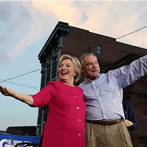 Democratic presidential nominee former Secretary of State Hillary Clinton and vice presidential nominee U.S. Sen Tim Kaine (D-VA) greet supporters during a campaign rally at Broad Street Market on July 29, 2016 in Harrisburg, Pennsylvania. A day after accepting the democratic presidential and vice presidential nominations at the Democratic National Convention, Hillary Clinton and Tim Kaine are kicking off a three-day bus tour through Pennsylvania and Ohio. (Justin Sullivan/Getty Images)