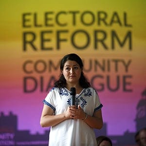 Maryam Monsef at a town hall meeting at Mount Community Centre on Tuesday, September 6, 2016 for a meeting on electoral reform. (Photograph by Cole Burston)