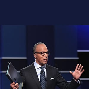 Moderator Lester Holt speaks ahead of the Presidential Debate at Hofstra University on September 26, 2016 in Hempstead, New York.  The first of four debates for the 2016 Election, three Presidential and one Vice Presidential, is moderated by NBC's Lester Holt.  (Drew Angerer/Getty Images)