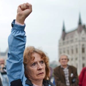 Protesters during the Democratic Coalition Party protest in front of the Hungarian Parliament, on the day of the Hungarian migrant quota referendum. (Artur Widak/Getty Images)