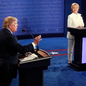 Republican presidential nominee Donald Trump debates Democratic presidential nominee Hillary Clinton during the third presidential debate at UNLV in Las Vegas, Wednesday, Oct. 19, 2016. (Mark Ralston/Pool via AP)