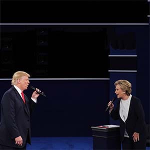 ST LOUIS, MO - OCTOBER 09:  Democratic presidential nominee former Secretary of State Hillary Clinton (R) and Republican presidential nominee Donald Trump speak during the town hall debate at Washington University on October 9, 2016 in St Louis, Missouri. This is the second of three presidential debates scheduled prior to the November 8th election.  (Chip Somodevilla/Getty Images)