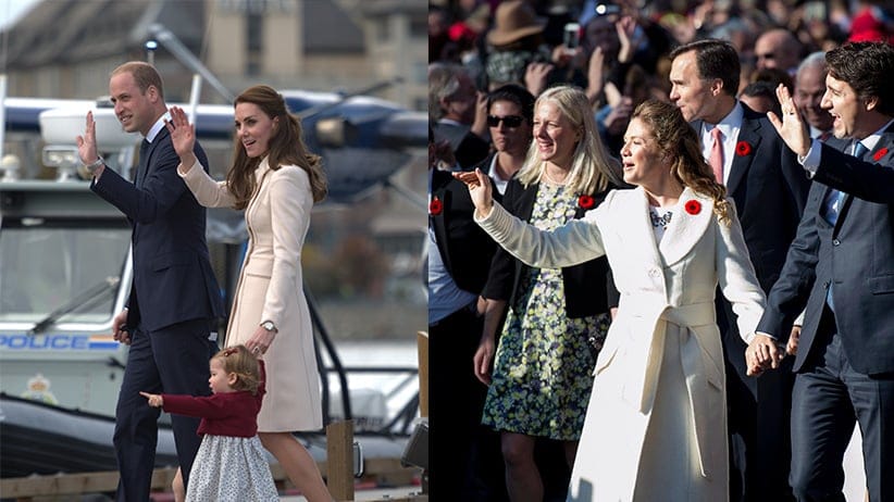 Left: Prince William, Duke of Cambridge, and Catherine, the Duchess of Cambridge, wth their children George and Charlotte depart on a floatplane from Victoria, British Columbia on October 1, 2016. (Christopher Morris) Right: Prime Minister-designate Justin Trudeau, his wife Sophie Gregoire-Trudeau and the Members of Parliament who will comprise his cabinet arrive at Rideau Hall in Ottawa on Wednesday, Nov. 4, 2015. (Justin Tang/CP)