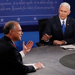 Republican vice-presidential nominee Gov. Mike Pence, right, speaks as Democratic vice-presidential nominee Sen. Tim Kaine listens during the vice-presidential debate at Longwood University in Farmville, Va., Tuesday, Oct. 4, 2016. (Andrew Gombert/AP)