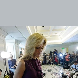 Summer Zervos, a former contestant on the TV show The Apprentice, leaves a news conference after speaking about allegations of sexual misconduct against Donald Trump in Los Angeles, California, U.S. October 14, 2016.  REUTERS/Kevork Djansezian   - RTSSB3E