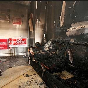 Views are seen of the damage caused in a firebomb attack on local offices of the North Carolina Republican Party in Hillsborough, North Carolina, U.S. October 17, 2016. (Chris Keane/Reuters)