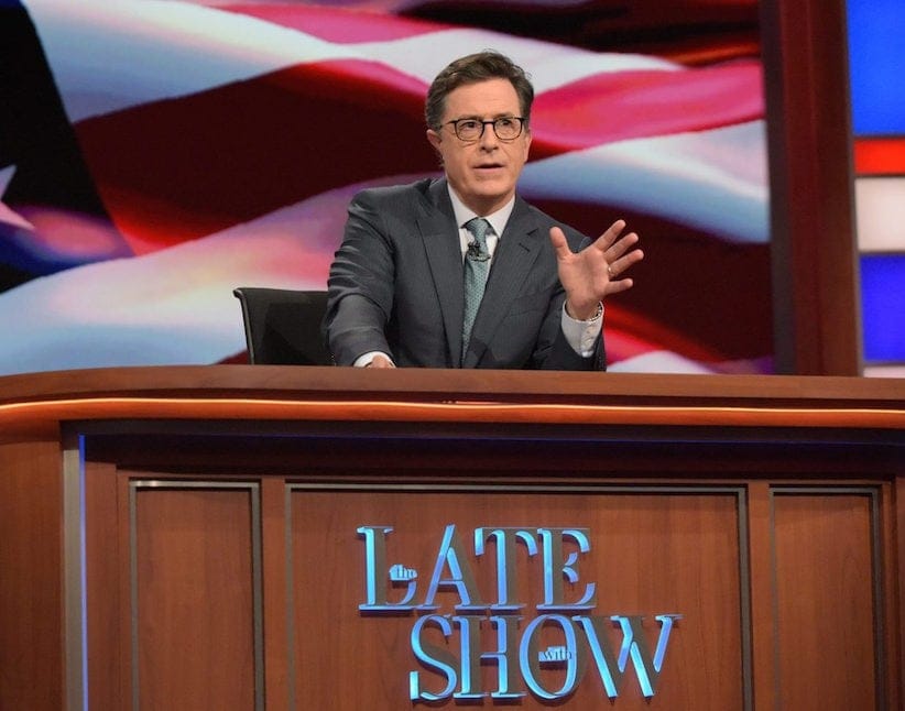 In this July 27, 2016 photo released by CBS, Stephen Colbert, host of "The Late Show with Stephen Colbert," appears during a broadcast in New York.  (Scott Kowalchyk/CBS via AP)