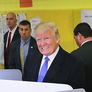Republican presidential nominee Donald Trump and his wife Melania Trump cast their votes on Election Day at PS 59 November 8, 2016 in New York City. Trump's marathon final two days of campaigning marched through 10 cities in two days, stretching into Election Day.  (Chip Somodevilla/Getty Images)