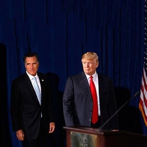 Then-Republican presidential candidate, former Massachusetts Gov. Mitt Romney, and Donald Trump, arrive for a news in Las Vegas where Trump endorsed Romney. In an extraordinary display of Republican division, the Republican Party's 2012 presidential ticket took on its 2016 front-runner on Thursday, march 3, 2016, as Mitt Romney joined the escalating charge to stop Donald Trump. (Gerald Herbert/AP)
