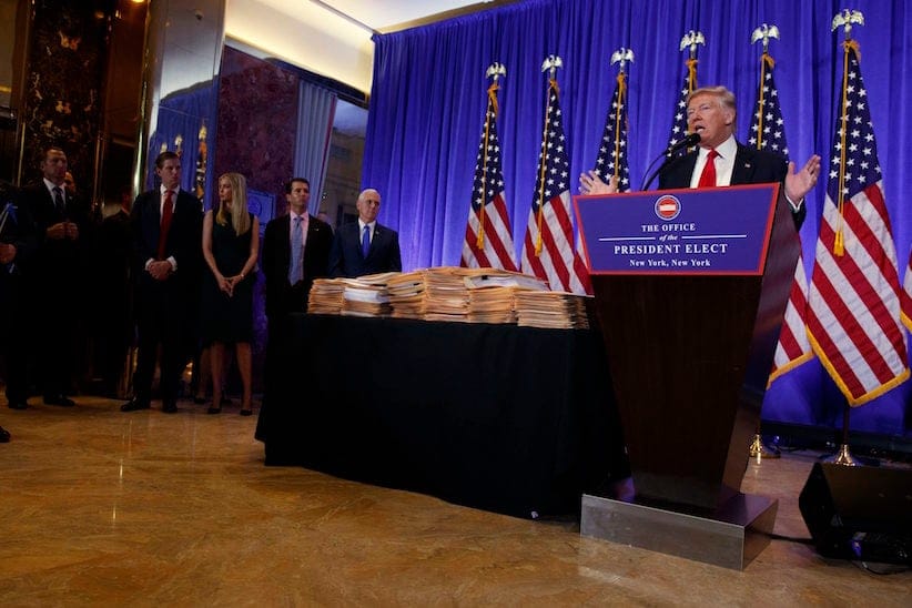 President-elect Donald Trump speaks during a news conference in the lobby of Trump Tower in New York, Wednesday, Jan. 11, 2017. (AP Photo/Evan Vucci)