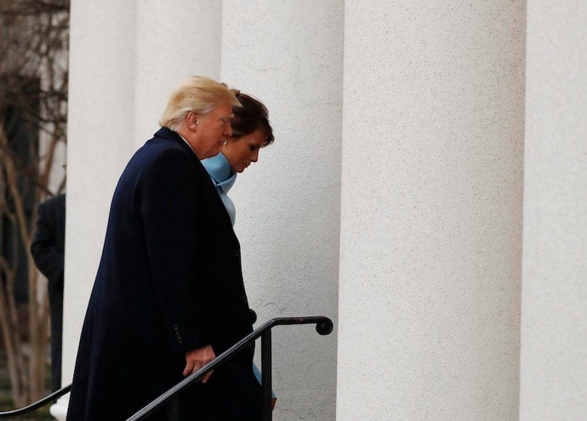 President Donald Trump and his wife Melania arrive for church service at St. John's Episcopal Church across from the White House in Washington, Friday, Jan. 20, 2017, on Donald Trump's inauguration day. (AP Photo/Alex Brandon)